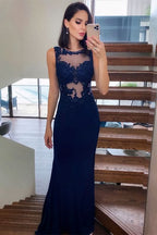 Navy Blue Lace Appliques Mermaid Prom Dress BM bride