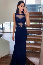 Charming Navy Blue Jewel Sleeveless Lace Mermaid Prom Dress With Appliques