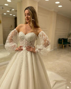 Sweetheart Long Sleeve Backless A-Line Train Wedding Dress with Lace Appliques BM bride