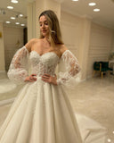 Sweetheart Long Sleeve Backless A-Line Train Wedding Dress with Lace Appliques BM bride