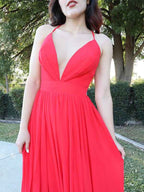 Red Halter Modern V Neck Sleeveless Backless Long Prom Dress