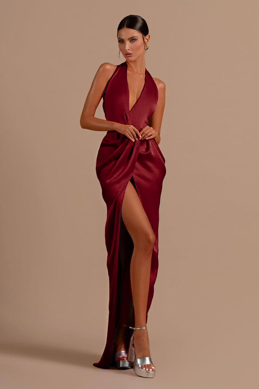 Red Halter Sleeveless Backless Long Prom Dress With Front Split BMBRIDE