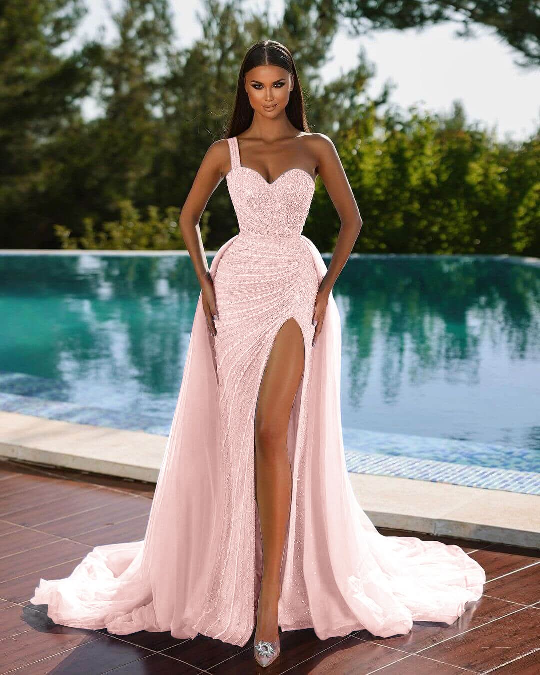 Gorgeous One Shoulder Sleeveless Mermaid Split Evening Dress Sequins with Tulle Overskirt BM bride