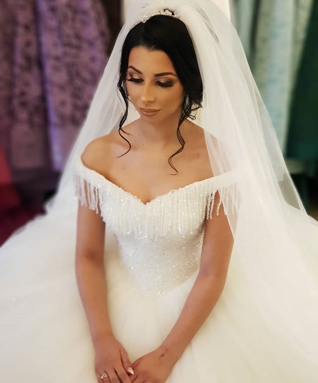 Off-the-shoulder Backless Wedding Dress With Beading Details Tassel Tulle BM bride