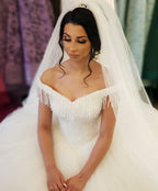 Off-the-shoulder Backless Wedding Dress With Beading Details Tassel Tulle BM bride