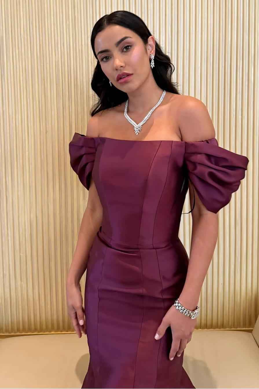 Off the Shoulder Bubble Sleeves Long Mermaid Prom Dress With Pleated