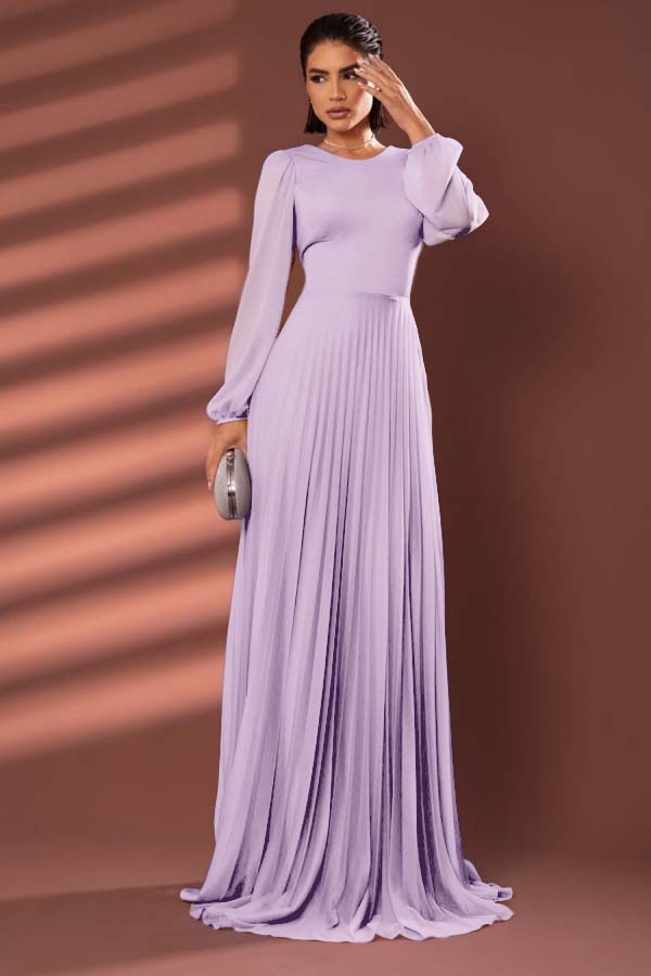 Chiffon Jewel Neck Long Sleeves Long Prom Dress With Pleated BMBRIDE