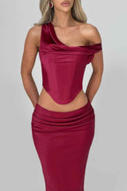 Two Pieces One Shoulder Sleeveless Long Prom Dress With Pleated