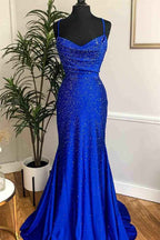 Royal Blue Spaghetti Strap Sleeveless Long Mermaid Prom Dress With Appliques