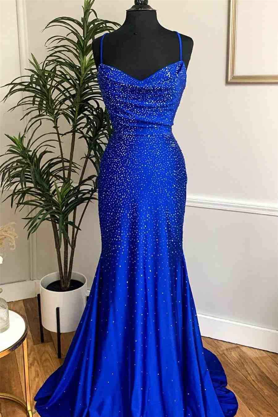 Royal Blue Spaghetti Strap Sleeveless Long Mermaid Prom Dress With Appliques