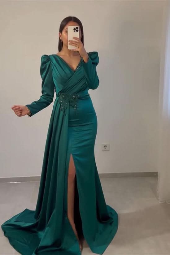 Long Sleeves Ruffle Mermaid Prom Dress with Beadings and Front Split BM bride