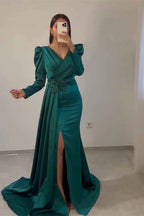 Ruffles Mermaid Beadings Long Sleeves Pleated Prom Dress With Front Split