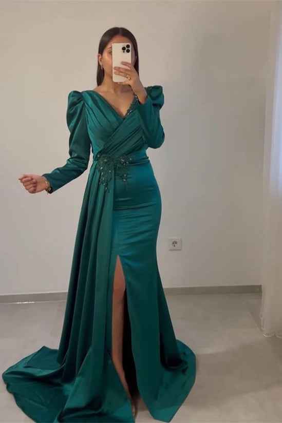 Ruffles Mermaid Beadings Long Sleeves Pleated Prom Dress With Front Split
