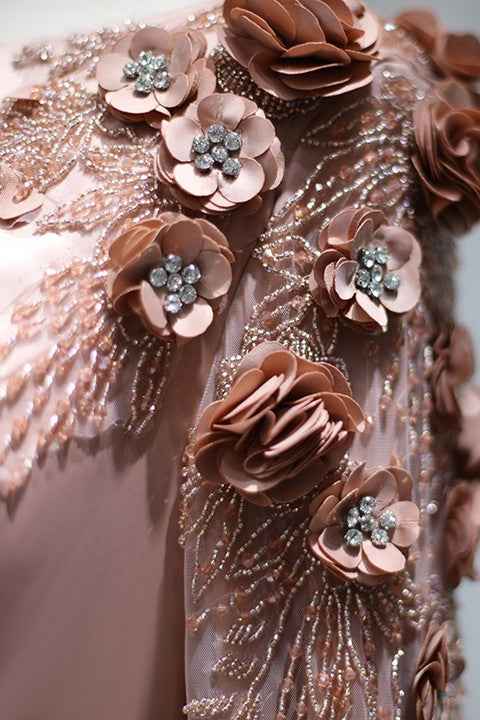 A Line Bateau Prom Dress Long Sleeves Sweep With Flower Appliques