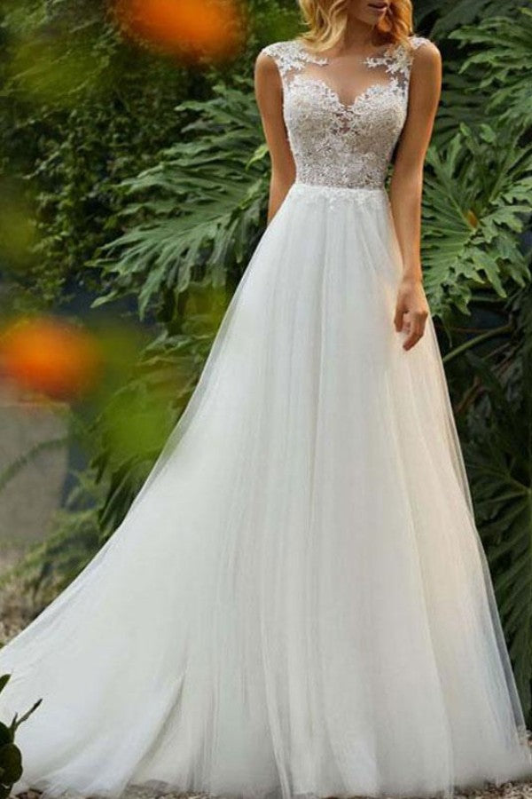 Sleeveless Long Tulle Lace Wedding Dress BM bride