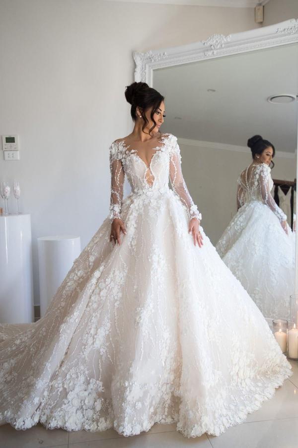 Long Sleeve A-Line Sweetheart Open Back Wedding Dress with Tulle Lace BM bride