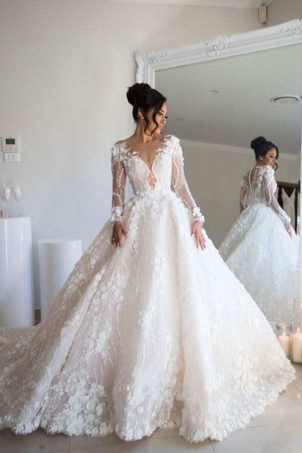 Long Sleeve A-Line Sweetheart Open Back Wedding Dress with Tulle Lace BM bride