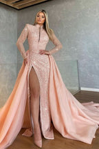 Light Pink Long Sleeves High Collar Sequins Mermaid Evening Dress with Split BM bride