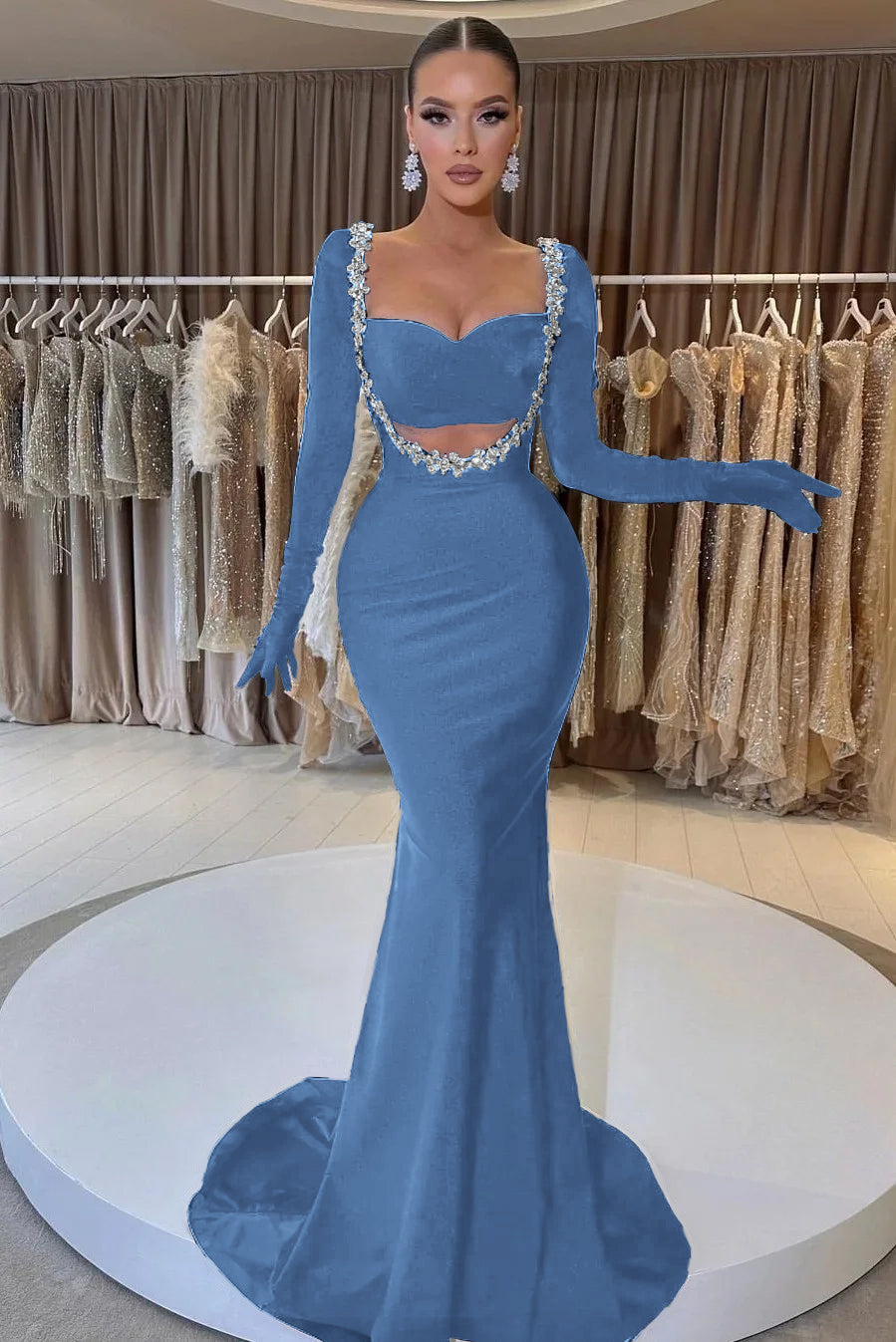 Charming Black Velvet Long Sleeve Beaded Long Mermaid Prom Dress With Gloves BMBRIDE