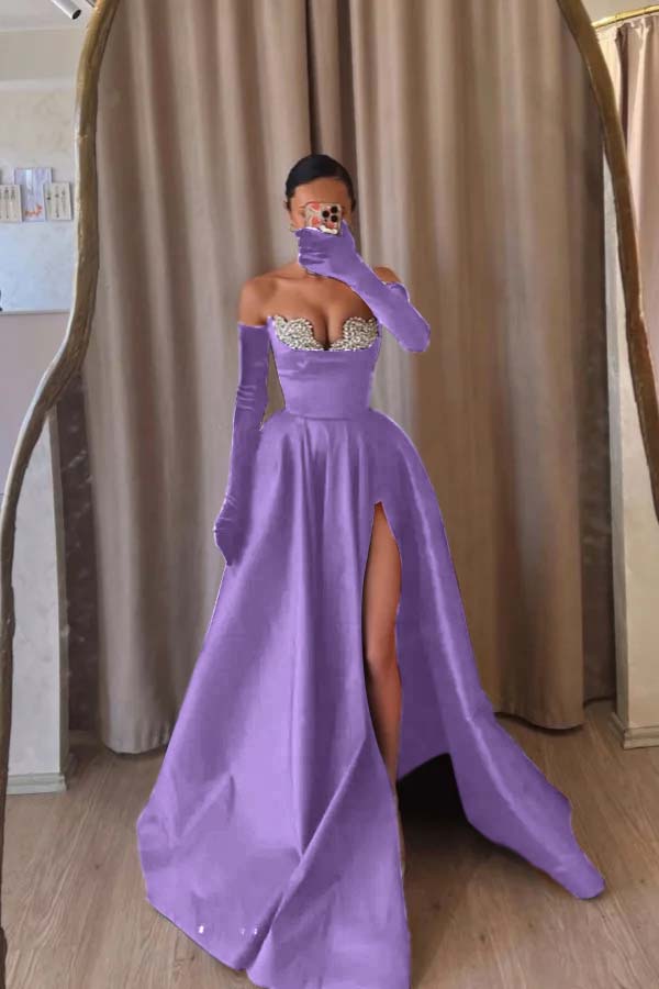Strapless Sleeveless Long Split Prom Dress With Beading Long Gloves BMBRIDE