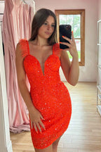 Sparkly Orange Sequins Tight Short Homecoming Dress with Feathers