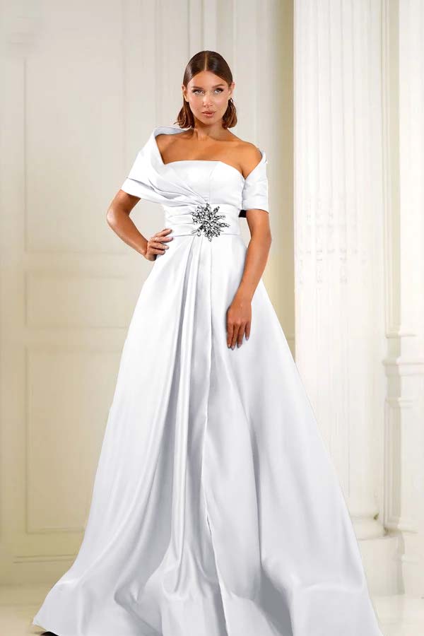 Off the Shoulder Sleeveless Long Prom Dress With Pleated Beading BMBRIDE