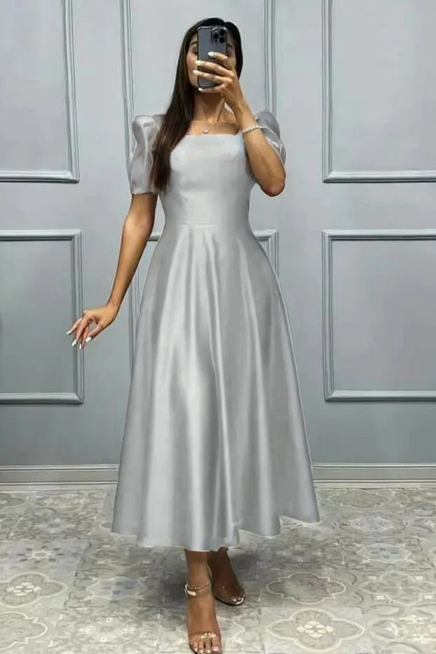 Elegant Square A Line High Waist Pleated Prom Dress With Short Sleeves BMBRIDE