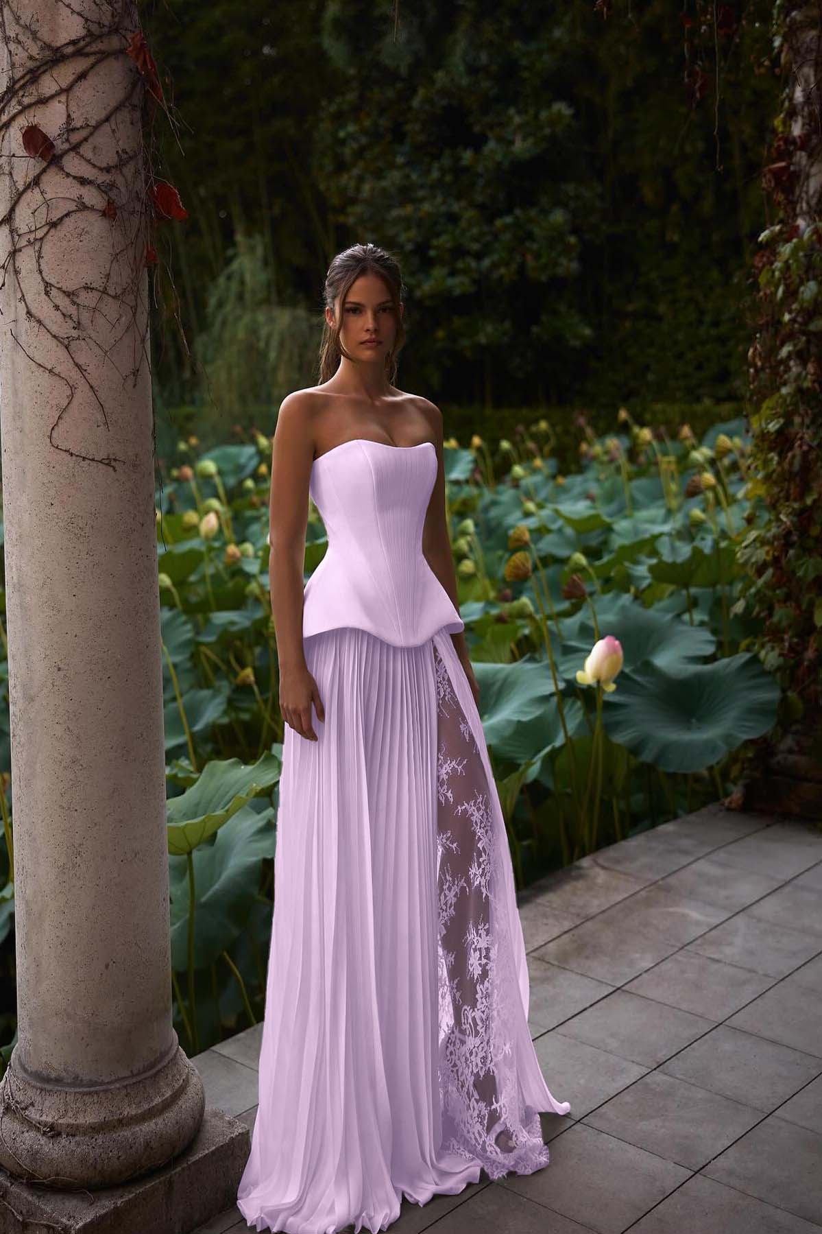 Strapless Sleeveless Long Prom Dress With Pleated Split Appliques BMBRIDE