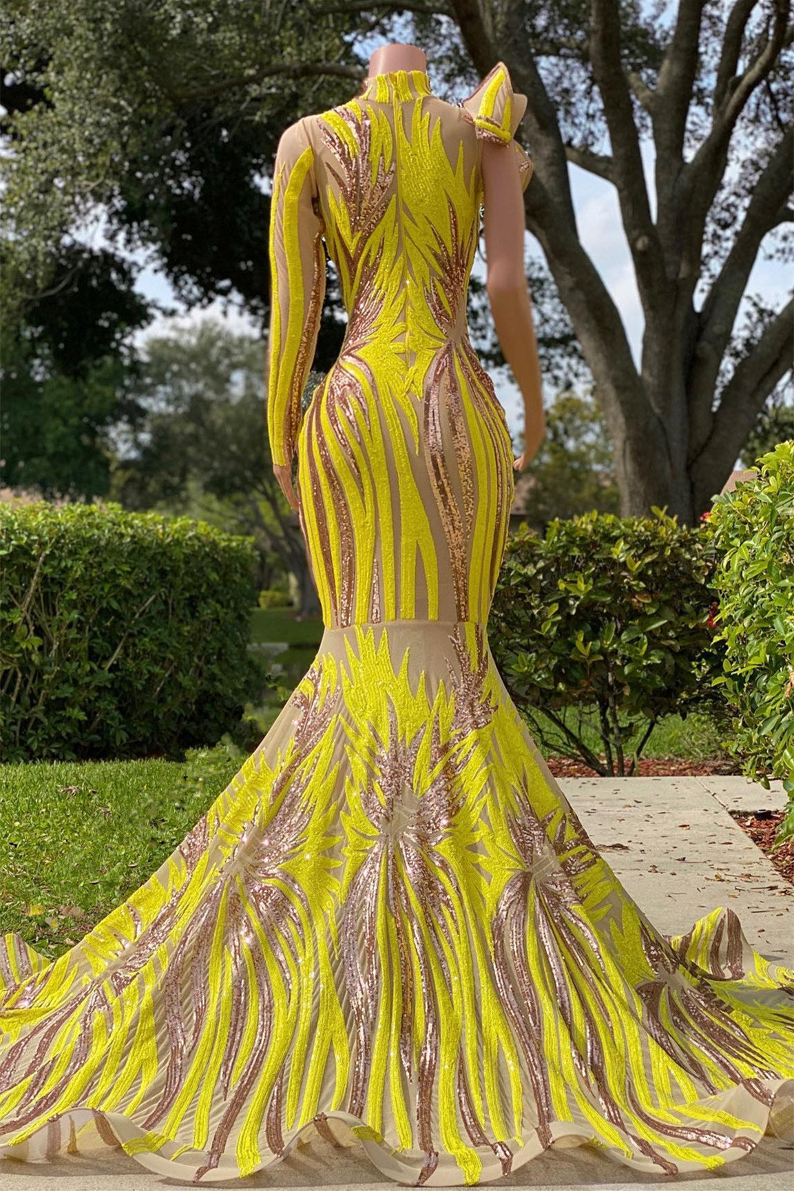 Light Yellow One-Shoulder Halter Mermaid Prom Dress with Classic Appliqueds BM bride
