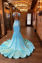 Blue Sleeveless Mermaid Evening Dress with Appliques and Rhinestones BM bride