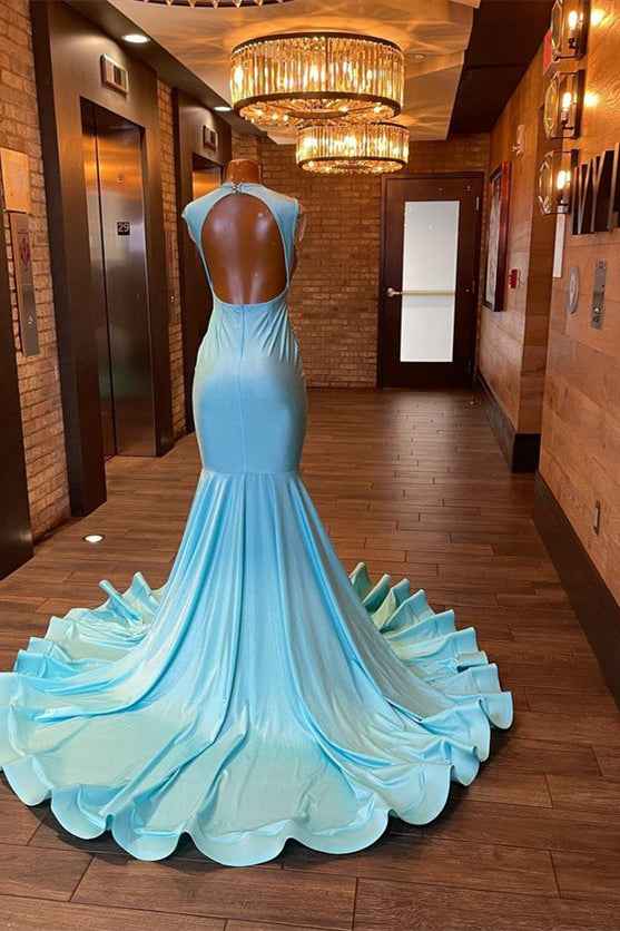 Sleeveless Blue Popular Long Mermaid Prom Dress Appliques With Beadings