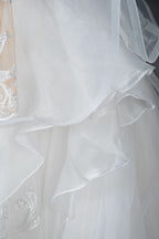 A-Line V-neck Hi-Lo Wedding Dress Open Back Ruffles Tulle With Appliques Lace BM bride
