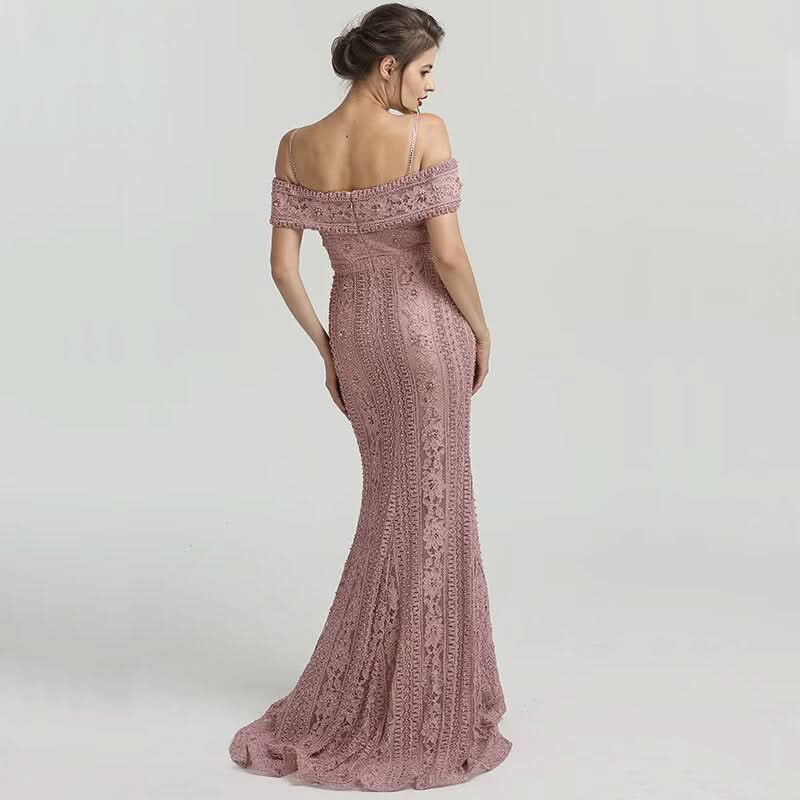 Dusty Rose Off-the-Shoulder Prom Dress with Mermaid Beading BM bride