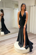 Elegant Black Halter Cutout Mermaid Long Prom Dress with Slit BM bride
