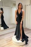 Elegant Black Halter Cutout Mermaid Long Prom Dress with Slit BM bride