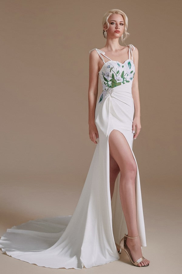 Gorgeous Satin Spaghetti Strap Open Back Long Mermaid Wedding Dress with Slit BM bride