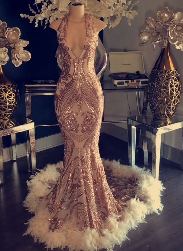 Halter Sequined Mermaid Prom Dress with Open Back and Feather BM bride