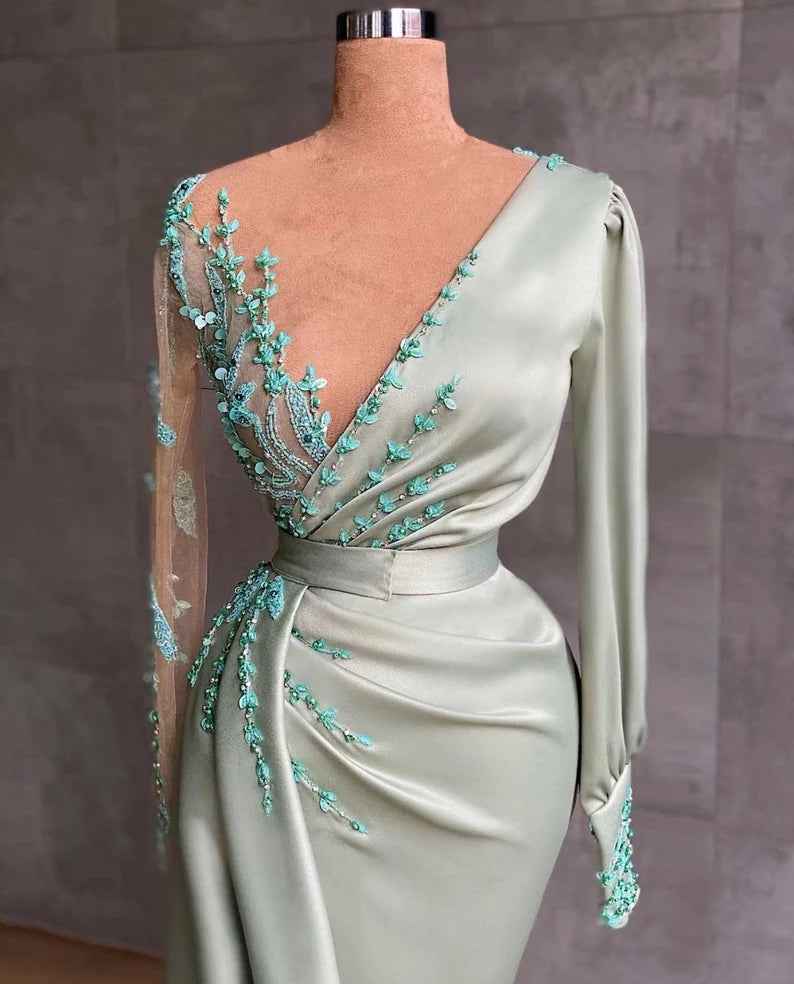 Elegant Sage Mermaid Appliques Evening Dress With Long Sleeves