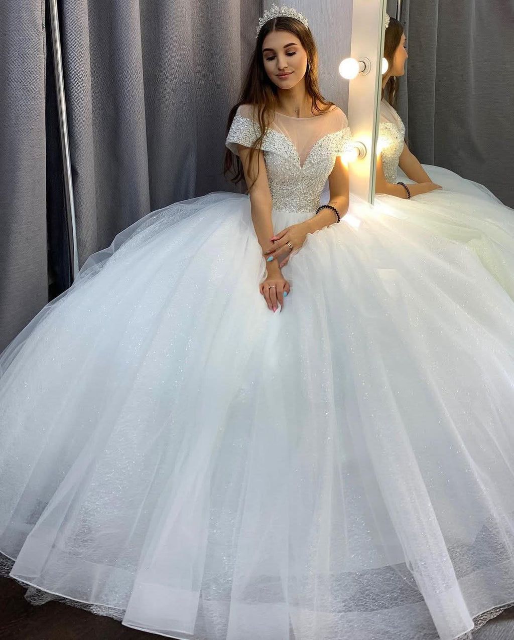 Elegant A-Line Bateau Neck Crystal Train Wedding Dress with Sequins and Tulle BM bride