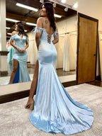 Stunning Blue Glitter Feather V Neck Long Prom Dress with Slit BM bride