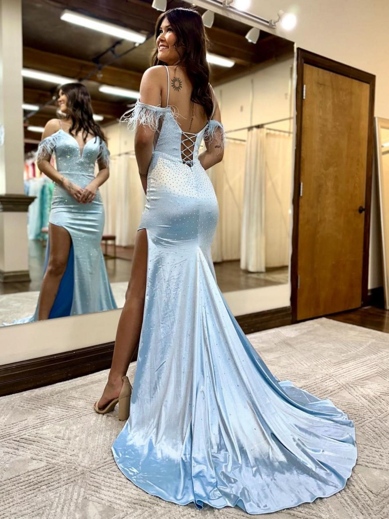 Stunning Blue Glitter Feather V Neck Long Prom Dress with Slit BM bride