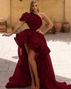 Dark Purple One Shoulder Hi-Lo Short Prom Dress with Long Ruffles Online BM bride