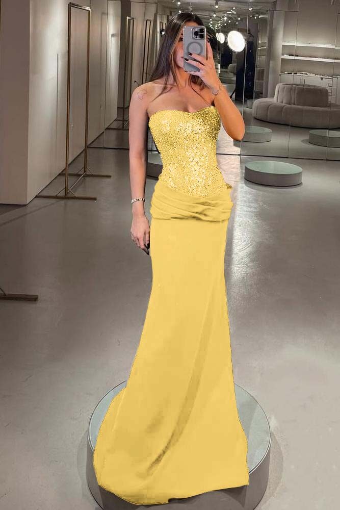 Strapless Sleeveless Long Mermaid Prom Dress With Pleated Sequins