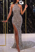 Silvery Sleeveless Long Mermaid Prom Dress with Sequin Split BM bride