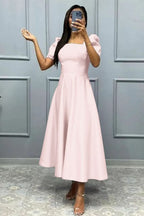 Elegant Square A-Line Prom Dress with Short Sleeves BM bride