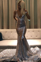 Silver Spaghetti-Straps V-Neck Mermaid Long Prom Dress with Sequins BM bride