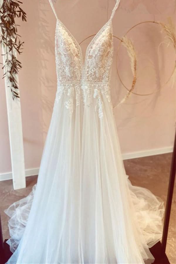 Modest V-Neck Long A-Line Tulle Wedding Dress with Spaghetti Straps and Lace Appliques BM bride