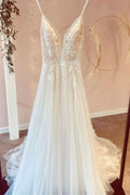 Modest V-Neck Long A-Line Tulle Wedding Dress with Spaghetti Straps and Lace Appliques BM bride