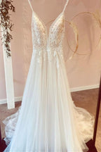 Modest V-Neck Long A-Line Tulle Wedding Dress with Spaghetti Straps and Lace Appliques BM bride