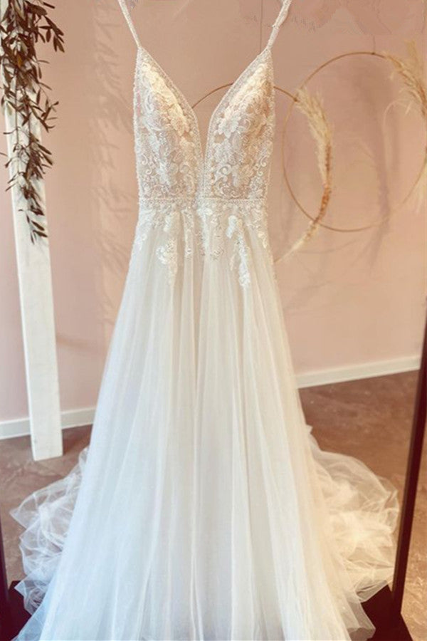 Modest V-Neck Long A-Line Tulle Wedding Dress with Spaghetti Straps and Lace Appliques BM bride